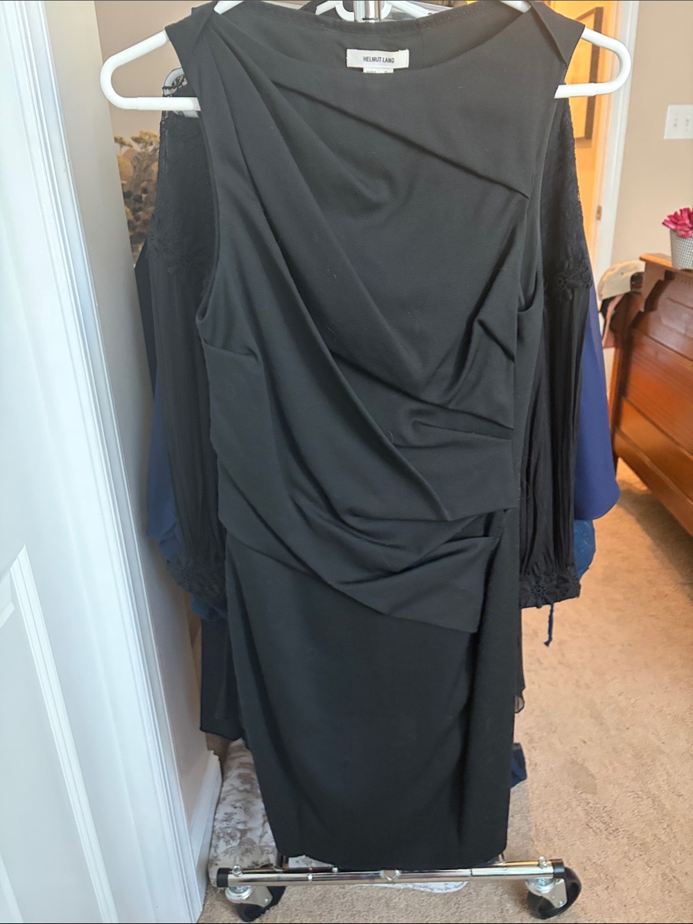 Helmut Lang Black Draped Midi Sheath Dress